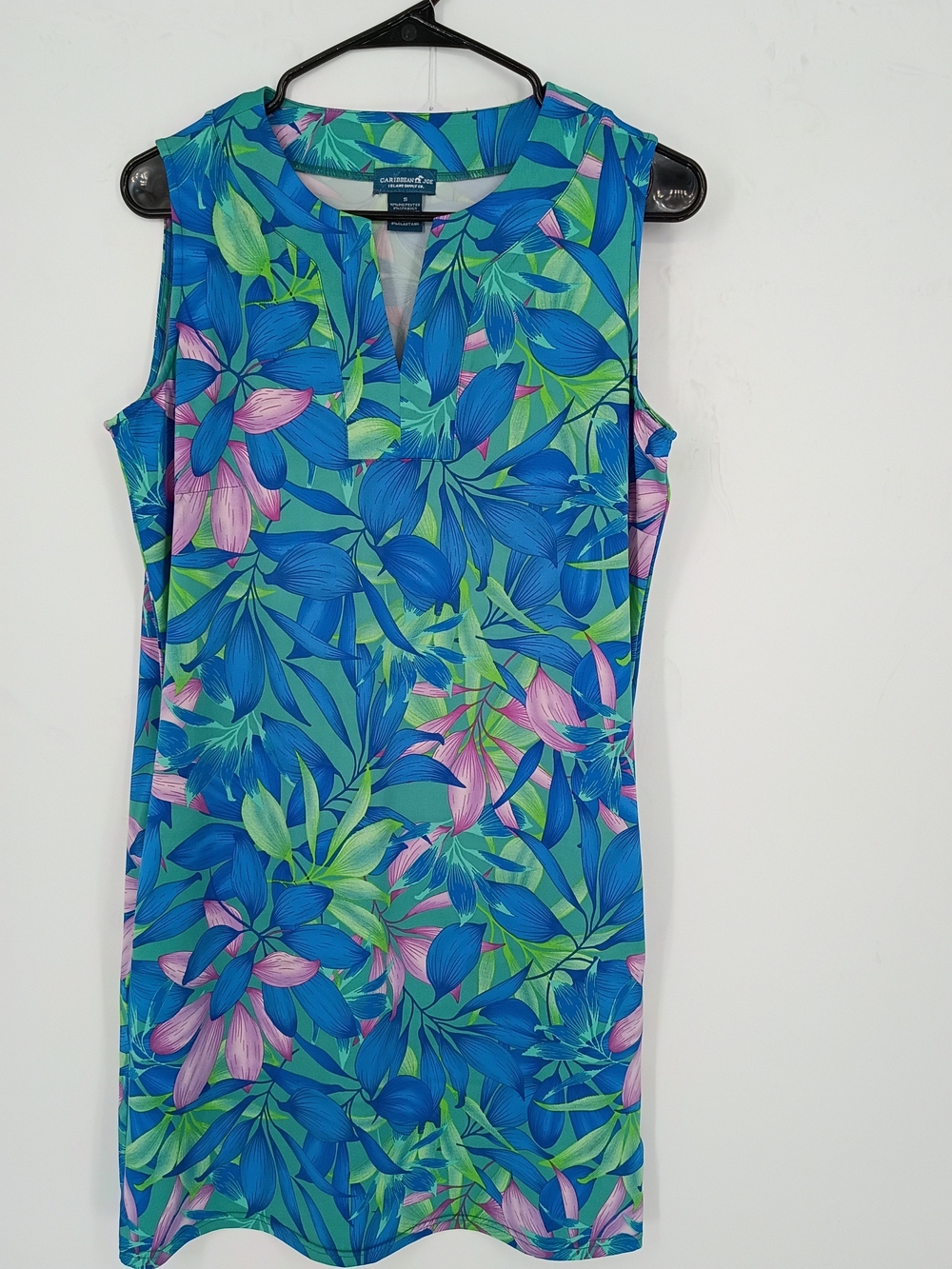 Caribbean Joe Tropical Leaf Print Top in Teal, Blue & Pink Sleeveless Midi Dress